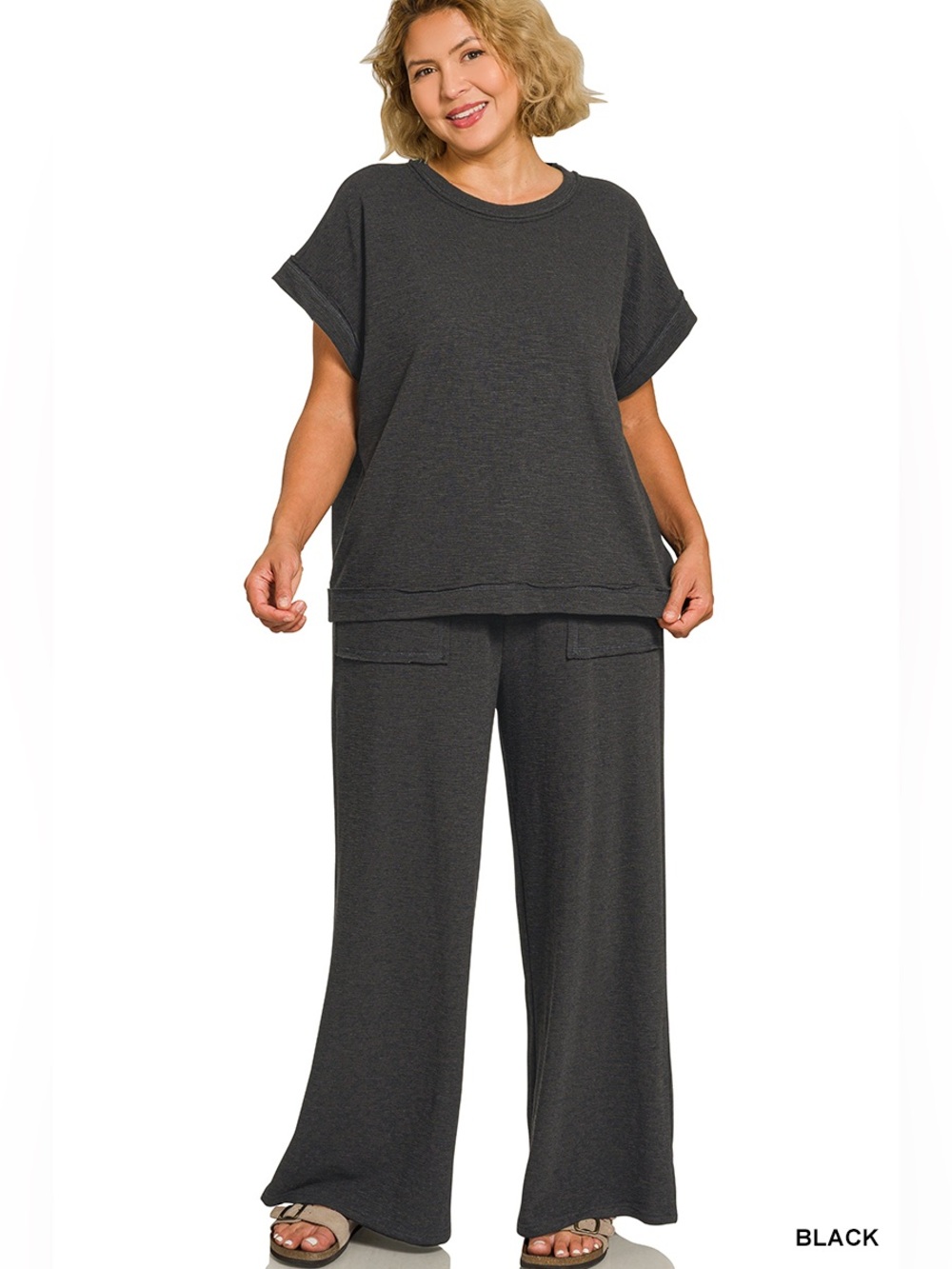 Zenana COTTON PLUS SLUB SHORT SLEEVE TEE & LONG PANTS SET
